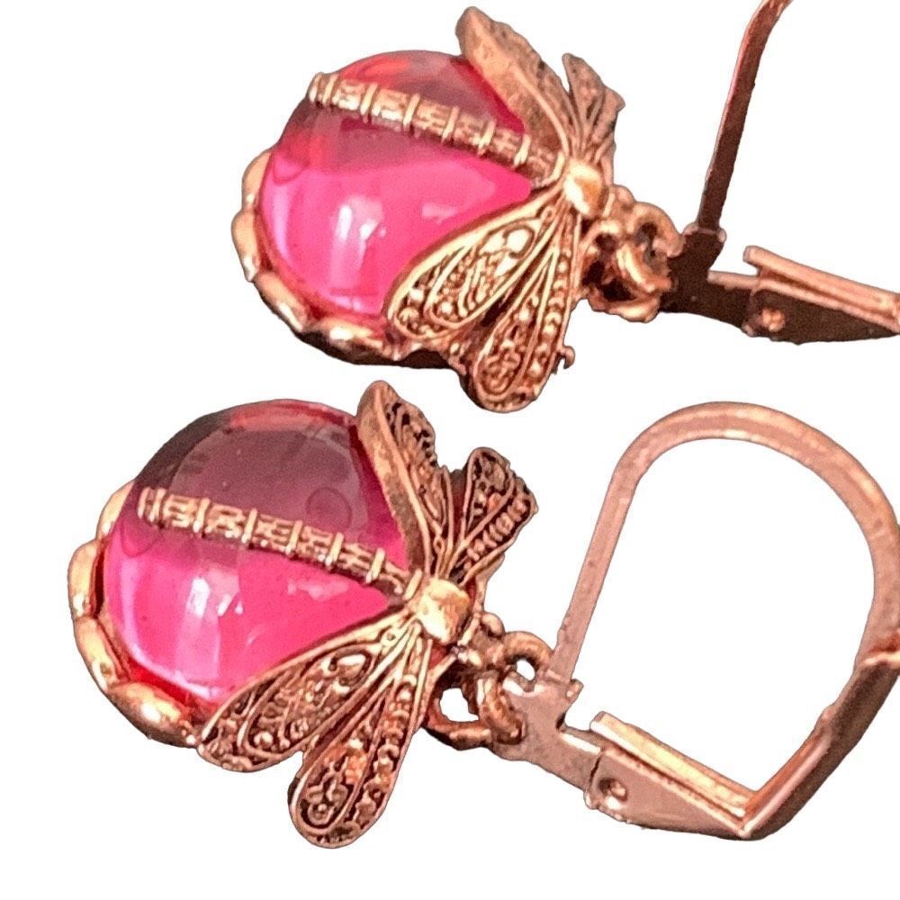 Pink Dragonfly Earrings Vintage Victorian Style Glass & Rose Gold Tone Metal